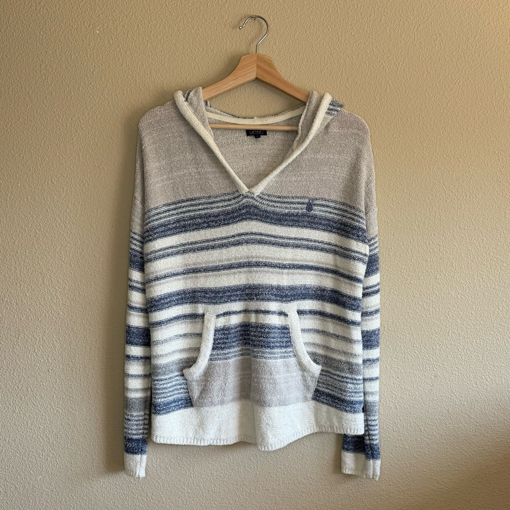 Lira sweater womens medium striped long sleeve hooded vneck blue & white